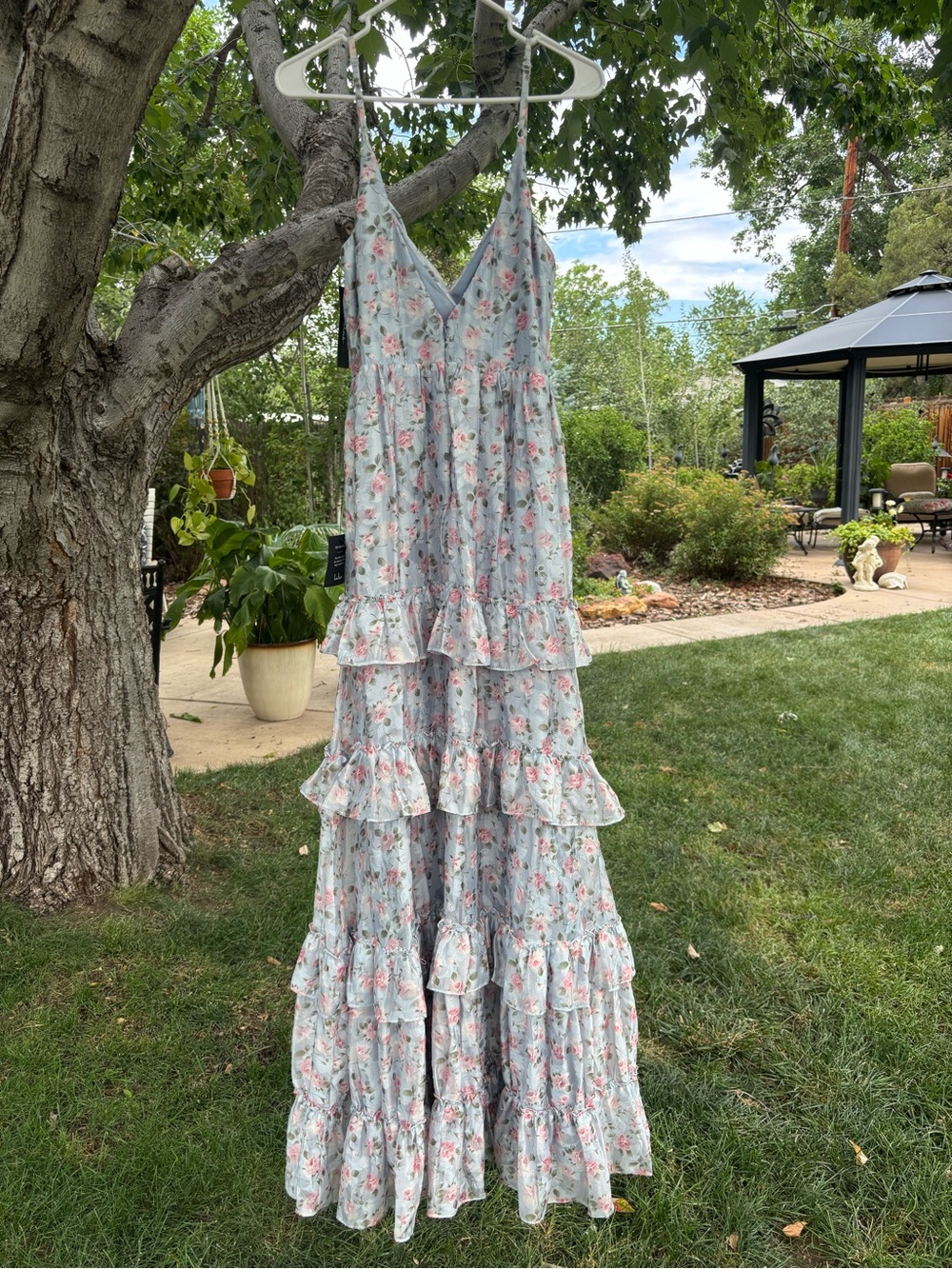 Lulus Perfectly Charismatic Blue Floral Tiered Ruffled Maxi Dress Size S